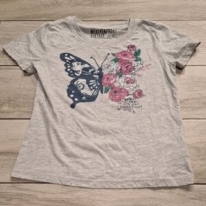 💘Weatherproof Vintage Light Gray Tee with Pink Floral Accents🍓🦉🐧